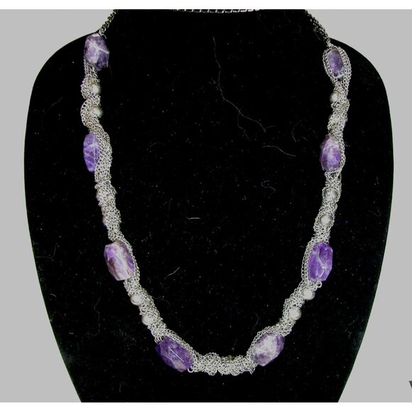 Amethyst & Silver Chain Necklace With Faux Pearl Accents - Picture 2 of 4